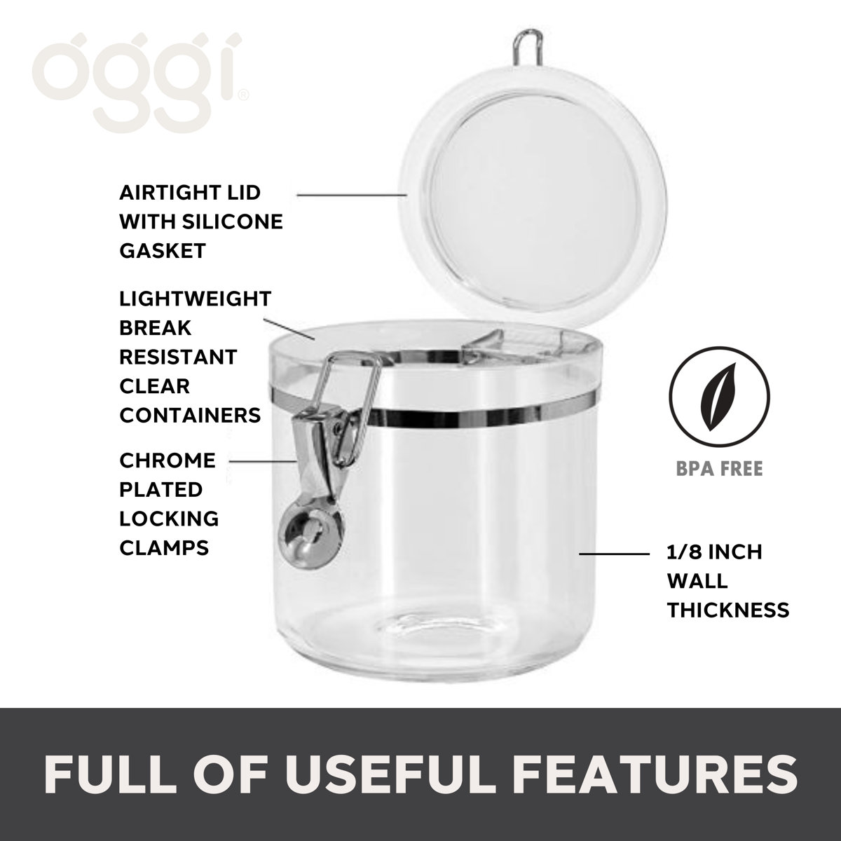 OGGI 4pc Clear Canister Set with Clamp Lids Airtight Containers in Sizes Ideal for Kitchen & Pantry Storage of Bulk, Dry Foods Including Flour, Sugar, Coffee, Rice, Tea, Spices & Herbs (Set of 4)